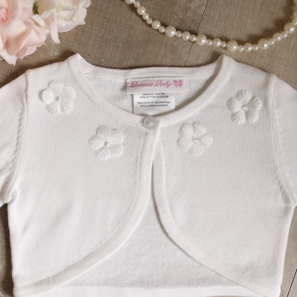 Girls Cotton White Sweater Cardigan Shrug Bolero Floral Appliqués Embroidery NWT - Picture 2 of 3